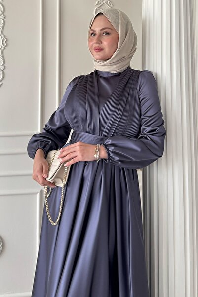 InStyle Cross Patterned Pleated Anthracite Satin Dress