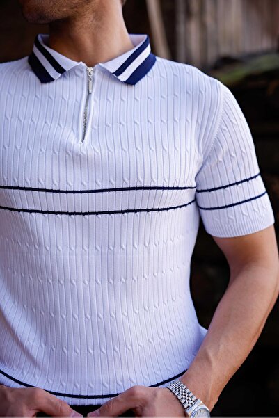 Pobudo White Color Navy Blue Striped Zipper Detailed Polo Neck Men's Knitwear T-Shirt