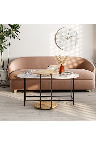 Mourah Home Cuddle Coffee Tables 2 Nested Tables Metal Legs,Marble White/ Oak