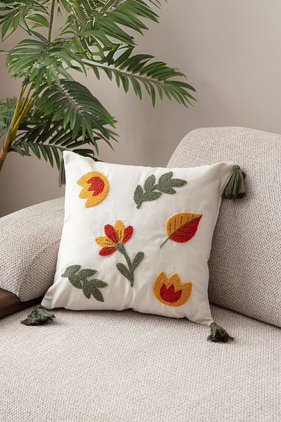 BUGİ HOME COLLECTİON Punch Throw Pillow Cover Embroidery Embroidered Leaf Pattern Throw Pillow Covers