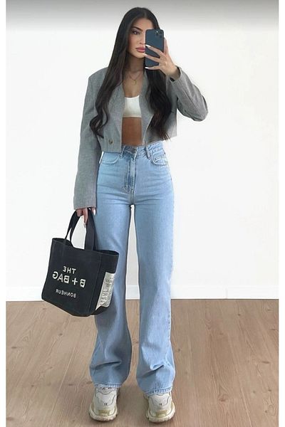 WODDİ Blugi largi Duryn Sofiy pentru femei Blue Snow Loose Lycra Palazzo Denim Pantaloni-4