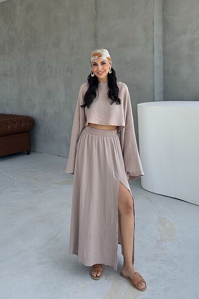 Seda Yalçın Atelier Mink Wide Sleeve Detailed Skirt Slit Muslin Set
