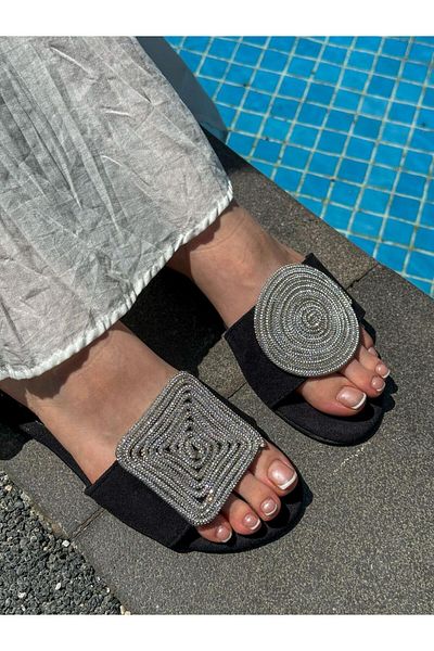 ERVANIN BUTİĞİ Black Suede (Willy) Silver Stone Detailed Women's Slippers