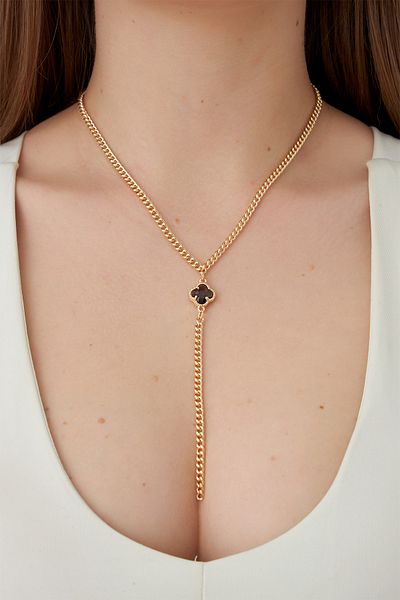 Modex Gold Color Clover Detailed Chain Y Necklace (60cm)
