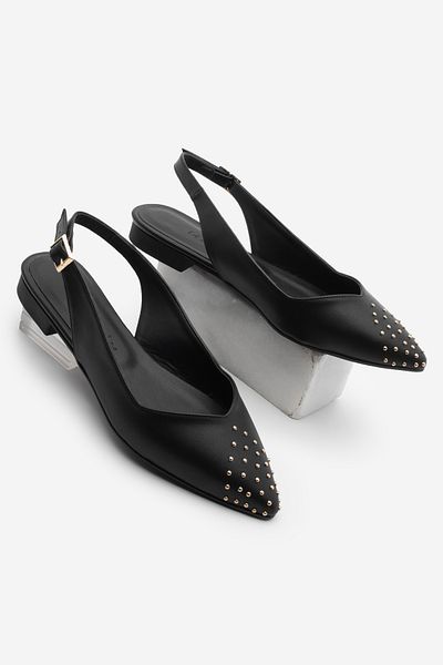 Marjin Damen-Ballerinas mit spitzer Zehenpartie, goldfarbenen Nieten und offenem Rücken, schwarz, für den Alltag