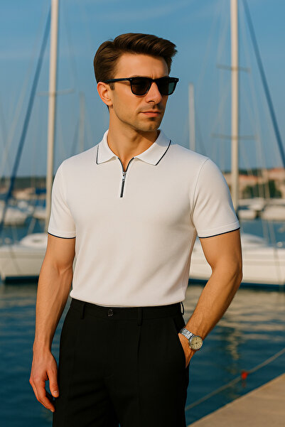 Pobudo White Color Zipper Detailed Polo Neck Men's Knitwear T-Shirt