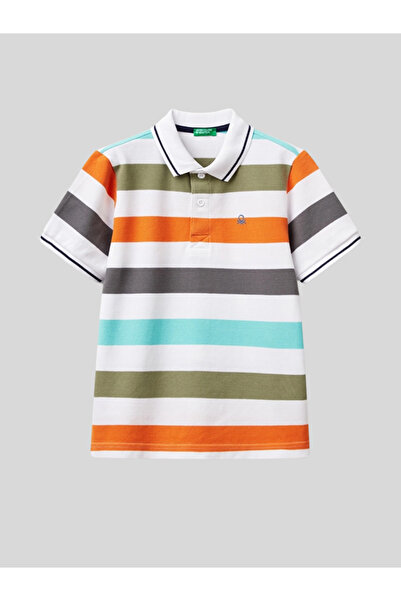 Benetton Erkek Çocuk Çizgili Polo Tshirt 6-14 Yaş Turuncu