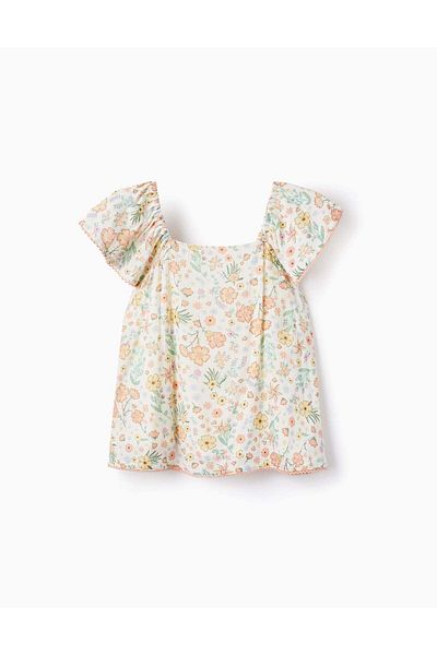 Ziddy Floral Crepe Top for Girls, White
