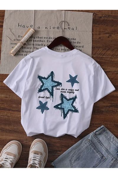 LOUİSA Tricou din bumbac pieptănat cu imprimeu pe spate, alb, albastru, stele