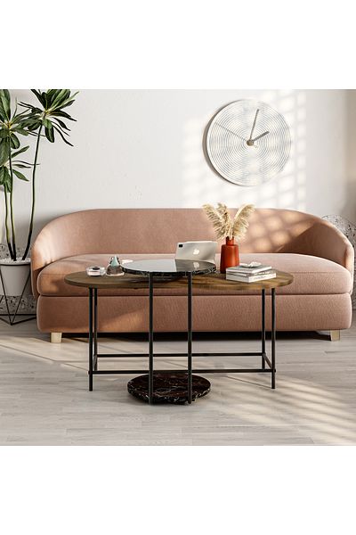 Mourah Home Cuddle Coffee Tables 2 Nested Tables Metal Legs Brown/Marble Black