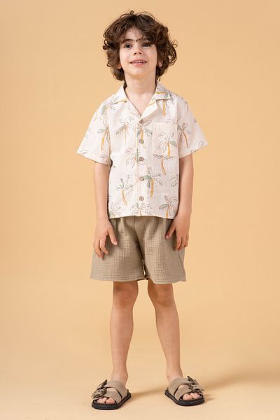 Minipodyum Boy's Printed Shirt Shorts Muslin Summer Double Set