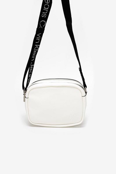 Calvin Klein Women's Leather Brand Logo Zippered Daily Use White Shoulder Bag K60K611554-YAF
