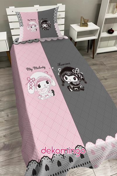 dekomingo Pink and Gray Striped Kuromi and Melody Baby and Children's Room Pi̇ke Set