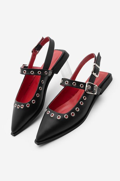 Marjin Damen-Ballerinas mit spitzer Zehenpartie, Trock-Riemchen, offener Rücken, Schal, Daily Ballet, Parzin, Schwarz