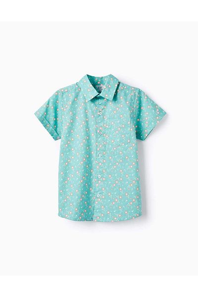 Ziddy Floral Cotton Shirt for Boys, Aqua Green