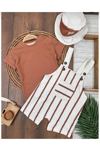 Uğur bebe 3 Piece Hat Sweatshirt Pocket Detailed Woven Short Salopet Jumpsuit