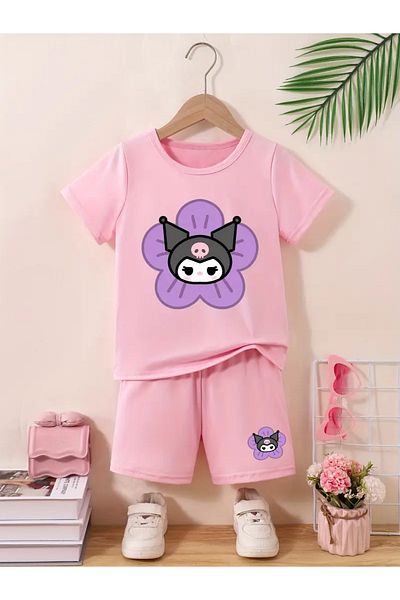 Machetta Girl's Floral Kuromi Printed T-Shirt Shorts Bottom Top Children's Set