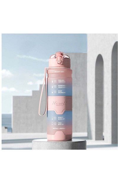 fulina 1000ml Portable Sports Drink Bottle with Time Marker,Leak proof for Kids Student to Camping Pink