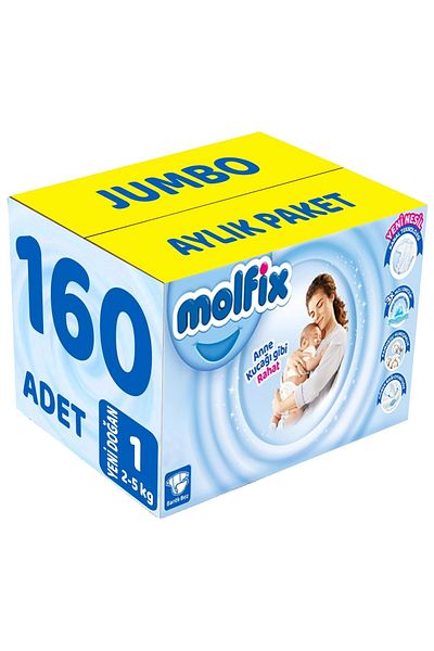 Molfix Baby Diaper Size:1 (2-5kg) Newborn 160 Pieces Jumbo Monthly Pk
