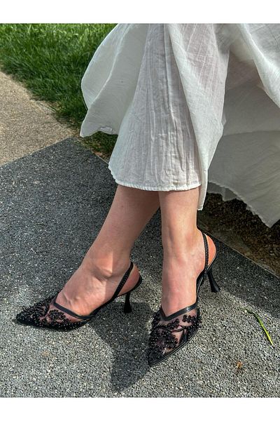 ERVANIN BUTİĞİ Black (Seal) Pearl Detail Women's Stiletto