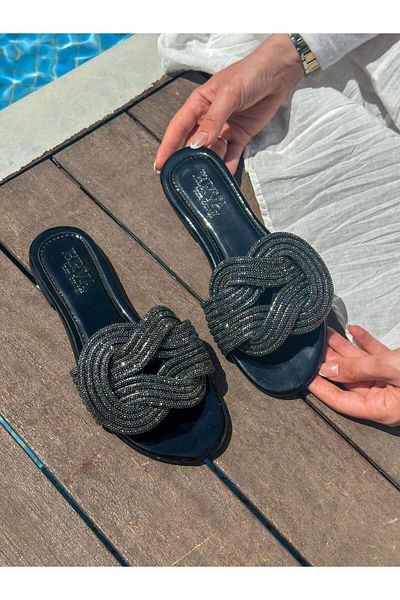ERVANIN BUTİĞİ Black (Wulf) Stone Detailed Women's Slippers