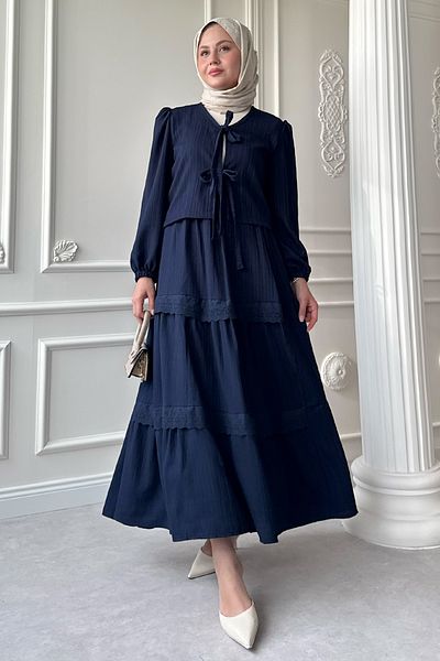 InStyle Crepe Dark Navy Blue Suit with Ribbon Lace Detail Skirt