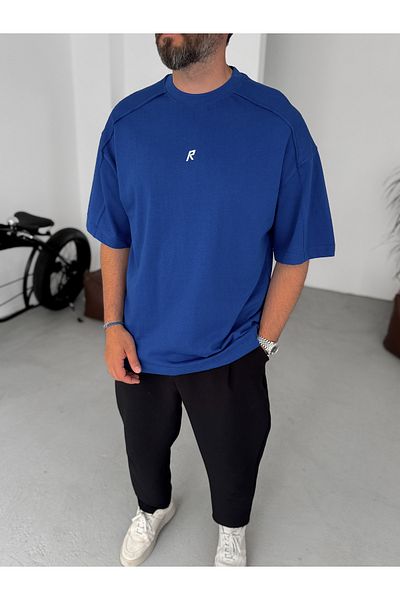 BYBASICMAN Blue Shiny R Printed Oversize T-Shirt Res-5237