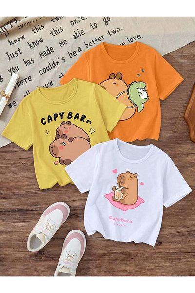 vinraus Girl\Boy 3 Pack Orange-Yellow-White Capybara Printed Tshirt