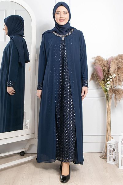 SUBU TASARIM Stone Embroidered Sequined Evening Dress Navy Blue Tbsmda2307
