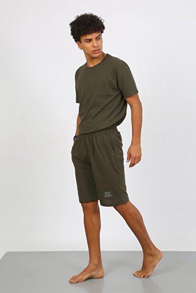 Akbeniz Men's Cotton Lacoste Bottom Top Capri Pajamas Suit Khaki 6872