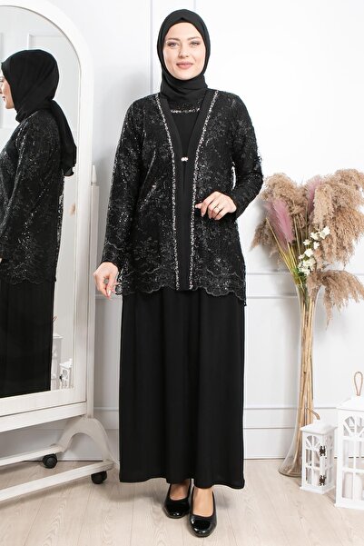 SUBU TASARIM Βραδινό φόρεμα με λεπτομέρεια πέτρας Μαύρο TBSMDA2314