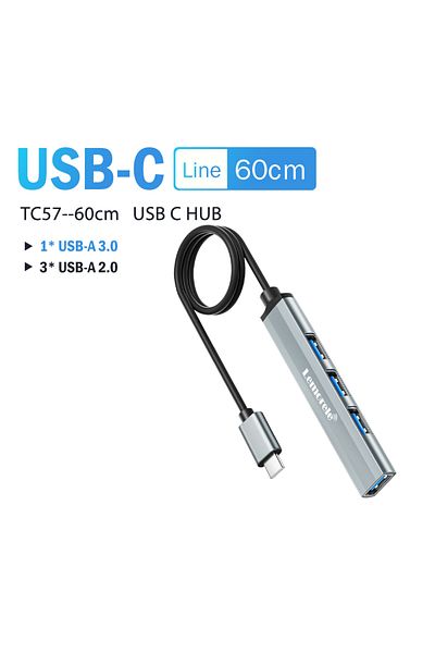 lemorele موزع USB-C - 60 سم، موزع USB من نوع C، موزع USB 3.0 OTG، موزع USB C/A، 4 منافذ، محول متعدد المنافذ، كمبيوتر محمول