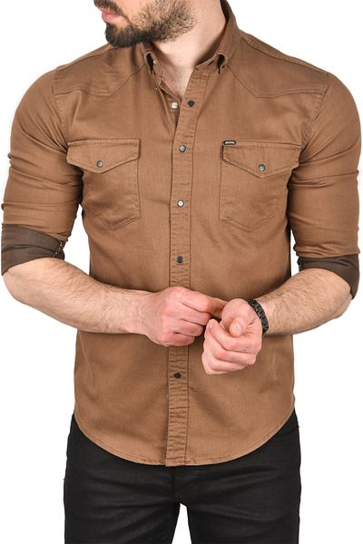 DeepSEA Men's Brown Double Pocket Snap Fastener Long Sleeve Denim Shirt 2502503