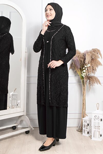 SUBU TASARIM Stone Embroidery Detailed Evening Dress Black Tbsmda2315