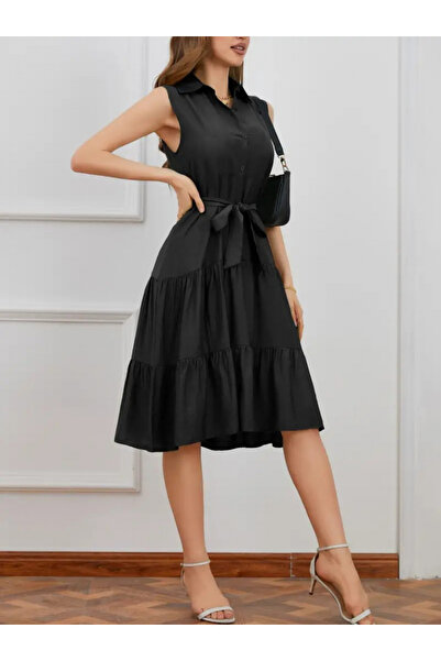 Viyamo Women Short Sleeve Shirt Collar Buttoned Waist Belted Layered Woven Midi Dress