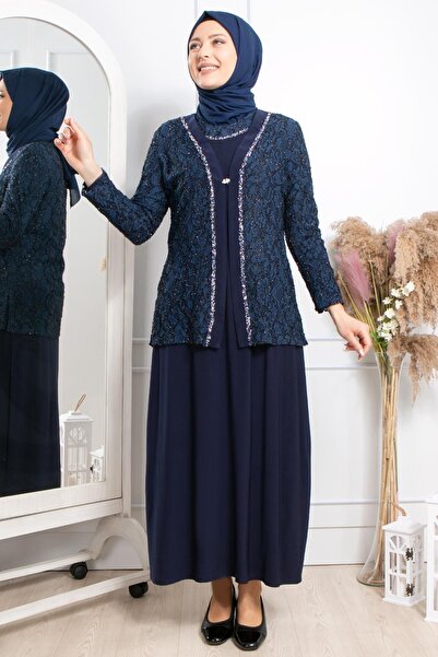 SUBU TASARIM Stone Embroidered Evening Dress Navy Blue Tbsmda2309