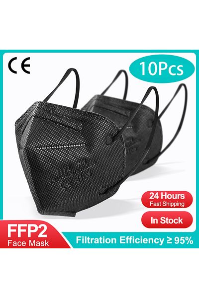 YUKUI 10 قطع سوداء - KN95 10-200 قطعة من أقنعة الوجه Fpp2 السوداء KN95 المعتمدة من CE FFP2، كمامة KN95 5