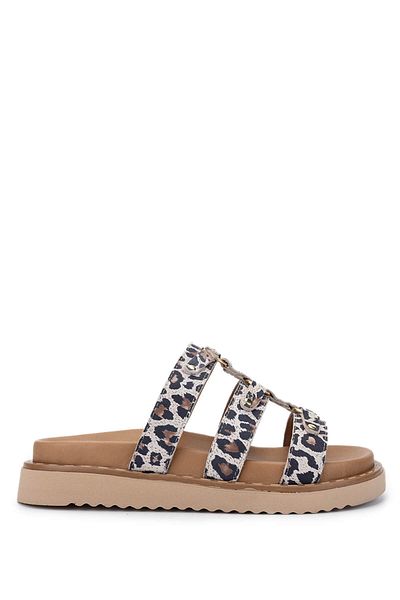 Tamer Tanca Women's Genuine Leather Beige Leopard Flat Slippers