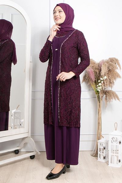 SUBU TASARIM Stone Embroidery Detailed Evening Dress Plum Tbsmda2315