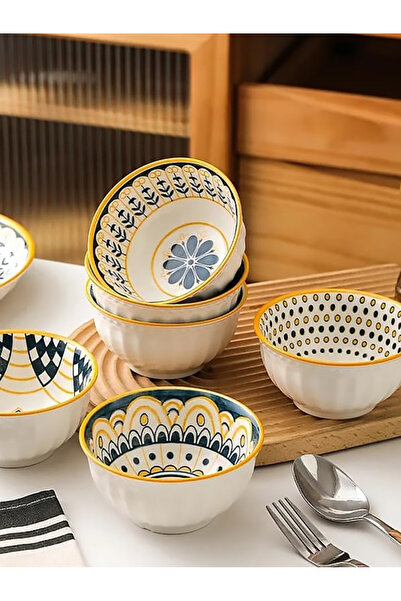 MUKKO HOME Set of 6 Patterned Porcelain Bowls 320 Ml, Soup, Breakfast, Snack Bowl Gift Boxed