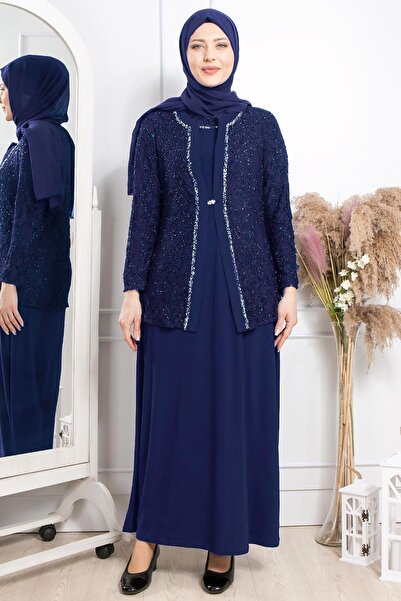 SUBU TASARIM Stone Embroidery Detailed Glitter Evening Dress Navy Blue Tbsmda2317