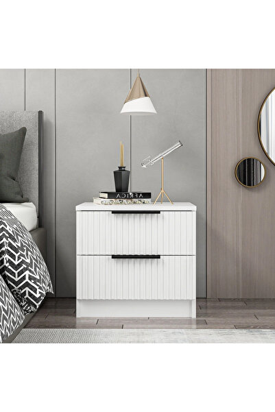 Furnitime Çizgili Mebran Çift Çekmeceli Komodin - Beyaz
