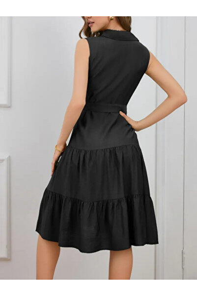 Viyamo Women Short Sleeve Shirt Collar Buttoned Waist Belted Layered Woven Midi Dress