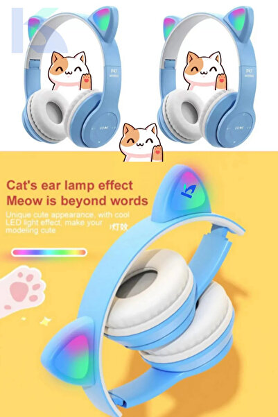 ELROND Açık Mavi Renk Vilya Kedi Kulağı Detaylı Uyumlu Bluetooth Kablosuz Kulaklık Çocuk Oyuncu Aux Kablo
