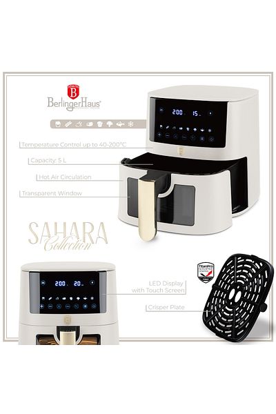 Berlinger Haus Friteuză cu aer BerlingerHaus - Colecția Sahara, 5L, Digitală, LED, 1400W, Crem, Fereastră