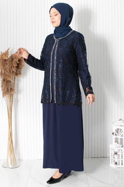 SUBU TASARIM Lace Sequin Sequin Detail Evening Dress Navy Blue Tbsmda2311