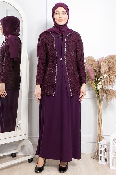 SUBU TASARIM Stone Embroidery Detailed Glitter Evening Dress Plum Tbsmda2317