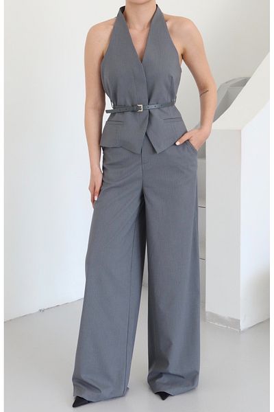 Laluvia Gray Pinstripe Belt Detailed Vest Trousers Suit - 9569