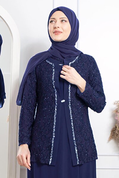 SUBU TASARIM Stone Embroidery Detailed Glitter Evening Dress Navy Blue Tbsmda2317