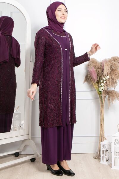 SUBU TASARIM Stone Embroidery Detailed Evening Dress Plum Tbsmda2315